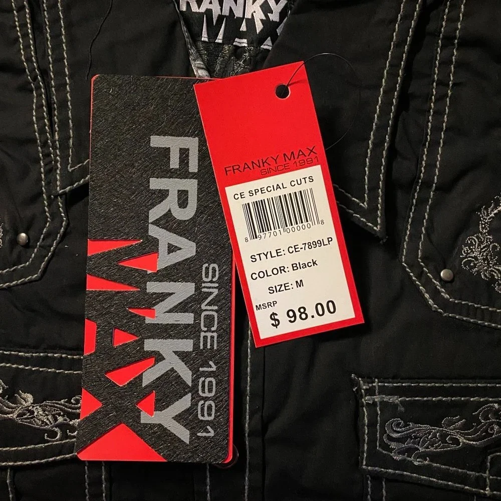 Franky Max Men’s Embroidered w/ Paisley Trims Long Sleeve Shirt Size M Black - Picture 7 of 9